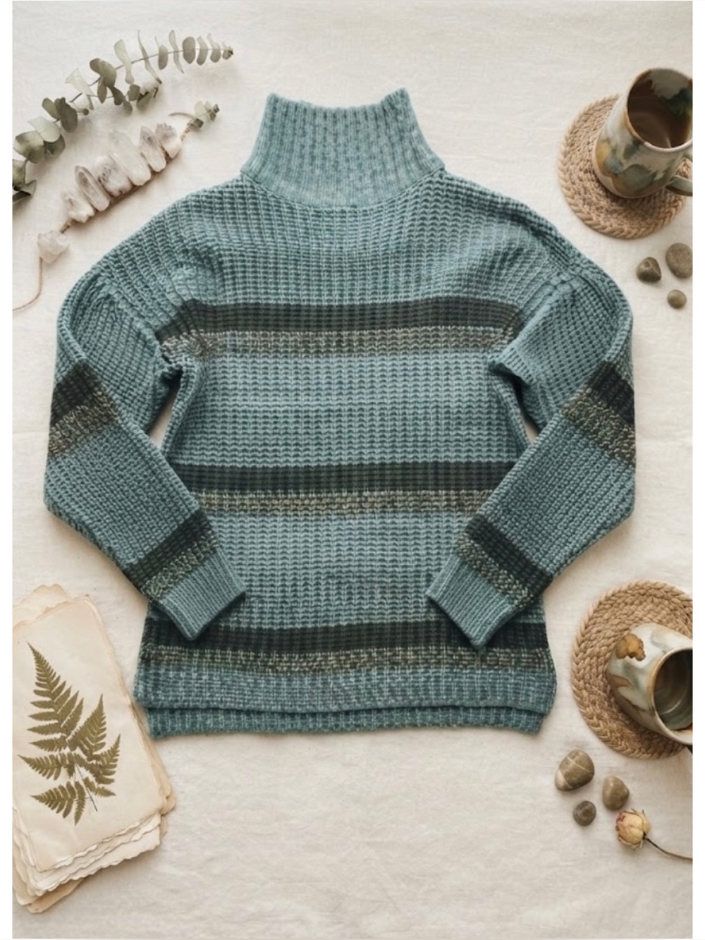 Moral Fiber Mock Neck 3/4 Puff Sleeve Striped Knit Sweater